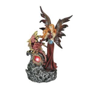 Ruby Red Fairy And Dragon LED Lighted Geode Statue